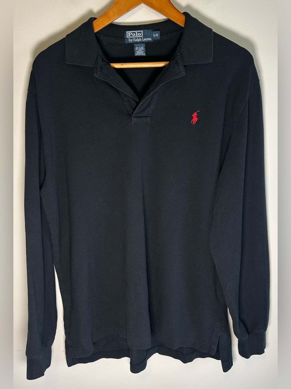 Vintage Polo Ralph Lauren Men’s Long Sleeve Polo Shirt Size L Black Cotton Mesh
